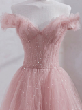 Cute Pink Princess Tulle Sequin Prom Dress Off The Shoulder Evening Dress HZ1023