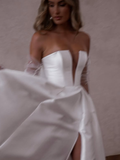 A Line Deep V Neck Satin Long Sweep Wedding Dress Prom Dress with Slit HZ1023