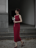 Burgundy Sheath Round Neck Satin Prom Dress Evening Dress Party Dress HZ1023