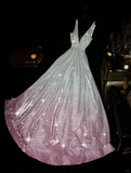 Stunning A Line V Neck Pink Silver Ombre Sequin Prom Dress Evening Dress HZ1023