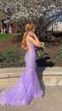 Lavender Mermaid Lace Applique Prom Dress Tulle Long Evening Dress HZ1023