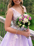 Purple Tulle Appliques V Neck Prom Dresses HZ1023