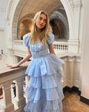 Cute Blue Tulle Tiered Hepburn Princess Prom Dress Evening Dress Ball Gown HZ1023