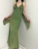 Vintage Sheath Halter Green Beaded Chiffon Open Back Evening Dress Party Dress HZ1023