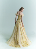 Yellow A Line Off the Shoulder Floral Sequin Tulle Prom Dress Evening Dress HZ1023