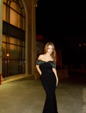 Sexy Black Mermaid Off the Shoulder Velvet Satin Long Prom Dress Formal Dress HZ1023