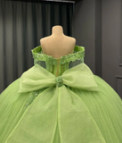 Romantic Poofy Off the Shoulder Beaded Green Tulle Ball Gown Quinceanera Dress HZ1023