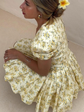 Princess A Line V Neck Print Flower Yellow Tulle Satin Short Homecoming Dress HZ1023