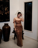 Brown Sheath One Shoulder Corset Lace Prom Dress Evening Dress Formal Gown HZ1023