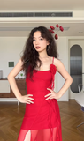 Flowy Red A Line Spaghetti Strap Chiffon Prom Dress Outfits with Slit HZ1023