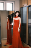 Flowy Red Mermaid Strapless Pleated Chiffon Long Prom Dress Formal Gown HZ1023
