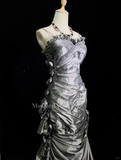 Retro Mermaid Spaghetti Strap Flower Grey Satin Prom Dress Evening Dress HZ1023