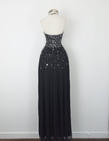 Retro A Line Spaghetti Strap Black Sequin Chiffon Evening Dress Party Dress HZ1023