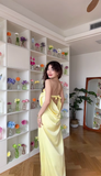 Simple Yellow Bow Mermaid Strapless Satin Open Back Prom Dress Wedding Guest Dress HZ1023