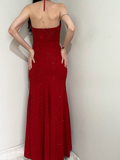 Vintage Mermaid Spaghetti Strap Sequin Beaded Red Chiffon Evening Dress Party Dress HZ1023