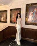 Two Piece Mermaid Strapless Pearl Satin Long Prom Dress Evening Dress HZ1023