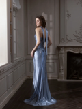 Blue Sheath Strapless Feather Rhinestone Satin Long Prom Dress 16th Birthday Dress HZ1023