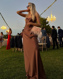 Simple Brown A Line Spaghetti Strap Satin Open Back Prom Dress Wedding Guest Dress HZ1023