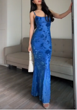 Elegant Blue Mermaid Print Long Evening Dress Formal Prom Dress HZ1023