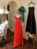 Vintage A Line Spaghetti Strap Red Beaded Sequin Chiffon Long Open Back Prom Dress Evening Dress HZ1023