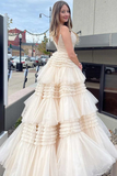 Light Champagne Slit Tulle Long Prom Dress Formal Dress HZ1023
