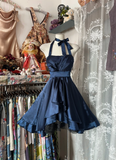 A Line Halter Bow Lace Navy Blue Satin Short Homecoming Dress Cocktail Dress HZ1023