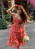 Red Print Floral A Line Spaghetti Strap Layered Chiffon Short Homecoming Dress Vacation Dresses HZ1023