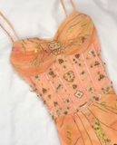 Retro Orange Print Floral A Line Spaghetti Straps Chiffon Long Prom Dress Cocktail Dress HZ1023