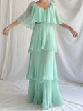 Green Layered Chiffon A Line V Neck Simple Long Party Dress Evening Dress 18 Birthday Dress HZ1023
