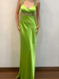 Vintage Sheath Strap Beaded Sequin Green Satin Open Back Prom Dress Evening Dress HZ1023