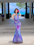 Two Piece Mermaid Halter Purple Print Floral Chiffon Long Prom Dress Outfits HZ1023