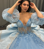 Romantic Poofy Baby Blue Floral Puff Sequin Tulle Ball Gown Quinceanera Dress HZ1023