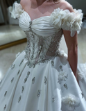 Gorgeous Exquisite A Line Off the Shoulder Flower Rhinestone White Satin Long Wedding Dress Date Dress HZ1023