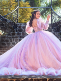 Cute Pink A Line Long Sleeve Flower Tulle Quinceanera Dresses Ball Gown HZ1023