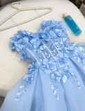 Baby Blue A Line Sweetheart Neck 3D Flower Tulle Prom Dress Evening Dress HZ1023