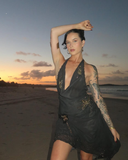 Sexy Black Sheath Halter Pleated Beaded Chiffon Vacation Dress Outfits HZ1023