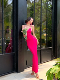 Hot Pink Butterfly Sheath Spaghetti Strap Satin Open Back Long Prom Dress Vacation Dress HZ1023
