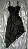 Black Vintage Spaghetti Straps Chiffon Appliques Flower Prom Dress HZ1023