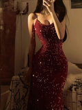 Sexy Mermaid Burgundy Sequin Long Prom Dress Formal Evening Dress HZ1023
