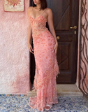 Pink Spaghetti Straps Lace Beading Gorgeous Mermaid Evening Dress HZ1023