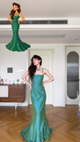 Vintage Green Mermaid Spaghetti Strap Satin Prom Dress Wedding Guest Dress HZ1023