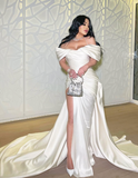 White Off The Shoulder Pleated Satin Prom Dress Formal Evening Dress HZ1023