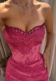 Pink A Line Sweetheart Neck Beaded Lace Prom Dress Evening Dress with Slit HZ1023