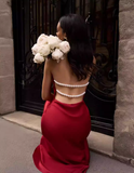 Elegant Mermaid Halter Pearl Burgundy Satin Long Evening Dress Party Dress HZ1023