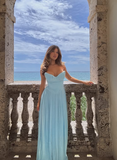 Elegant A Line Sweetheart Neck Pleated Baby Blue Satin Prom Dress HZ1023
