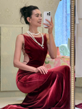 Burgundy Mermaid Velvet Open Back Long Prom Dress Wedding Guest Dress HZ1023