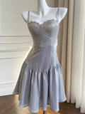 Grey A Line Spaghetti Strap Beaded Satin Short Homecoming Dress Cocktail Dress HZ1023