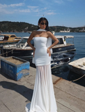 Simple White Mermaid Strapless Chiffon Satin Date Dress Prom Dress HZ1023