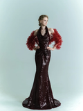 Imperial Burgundy Mermaid Halter Sequin Long Sweep Prom Dress Evening Dress HZ1023