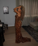Sexy Leopard Mermaid Sweetheart Neck Long Sweep Prom Dress Evening Dress with Slit HZ1023